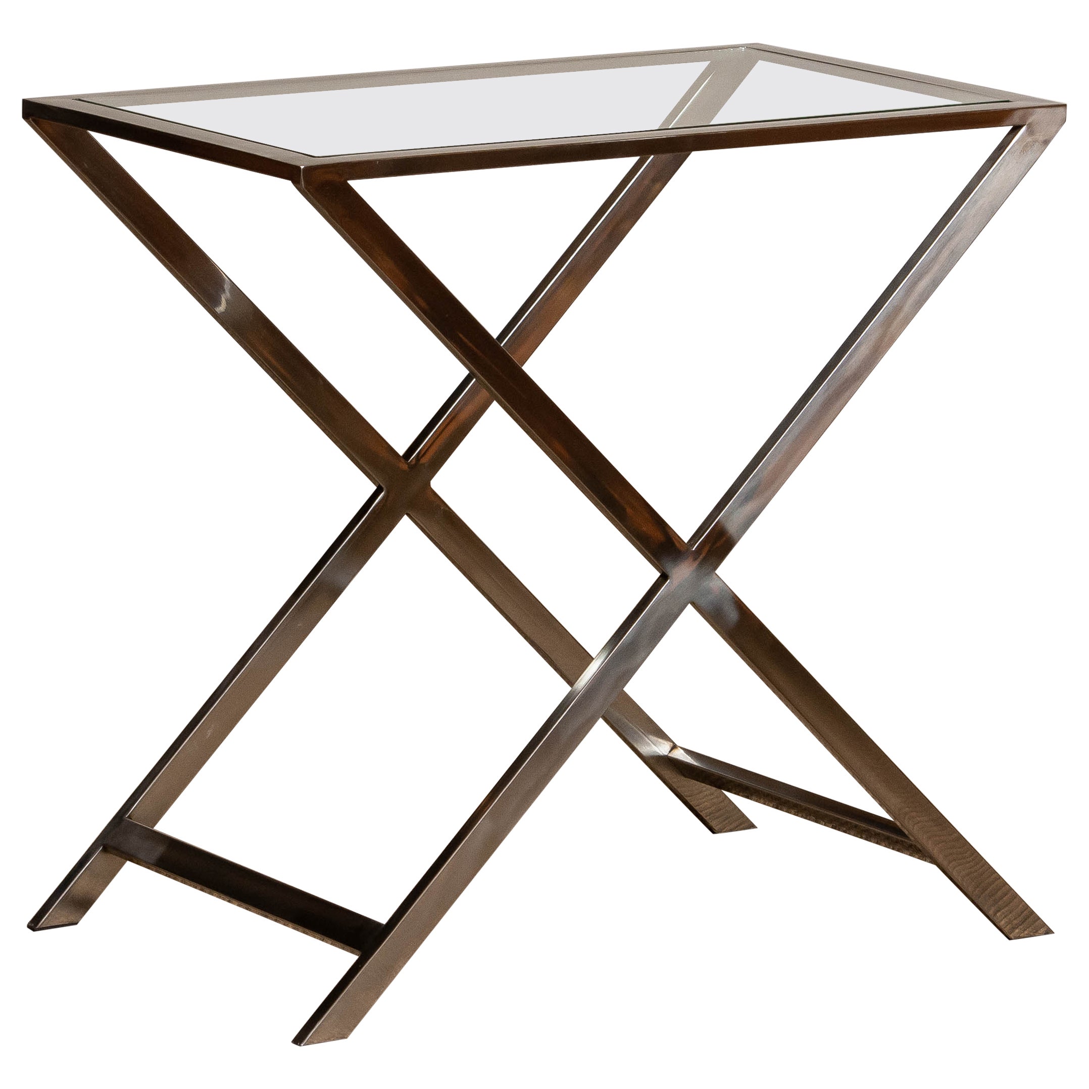 1970's Chrome X / Cross Legs Site Table with Glass Top in Milo Baughman Style For Sale