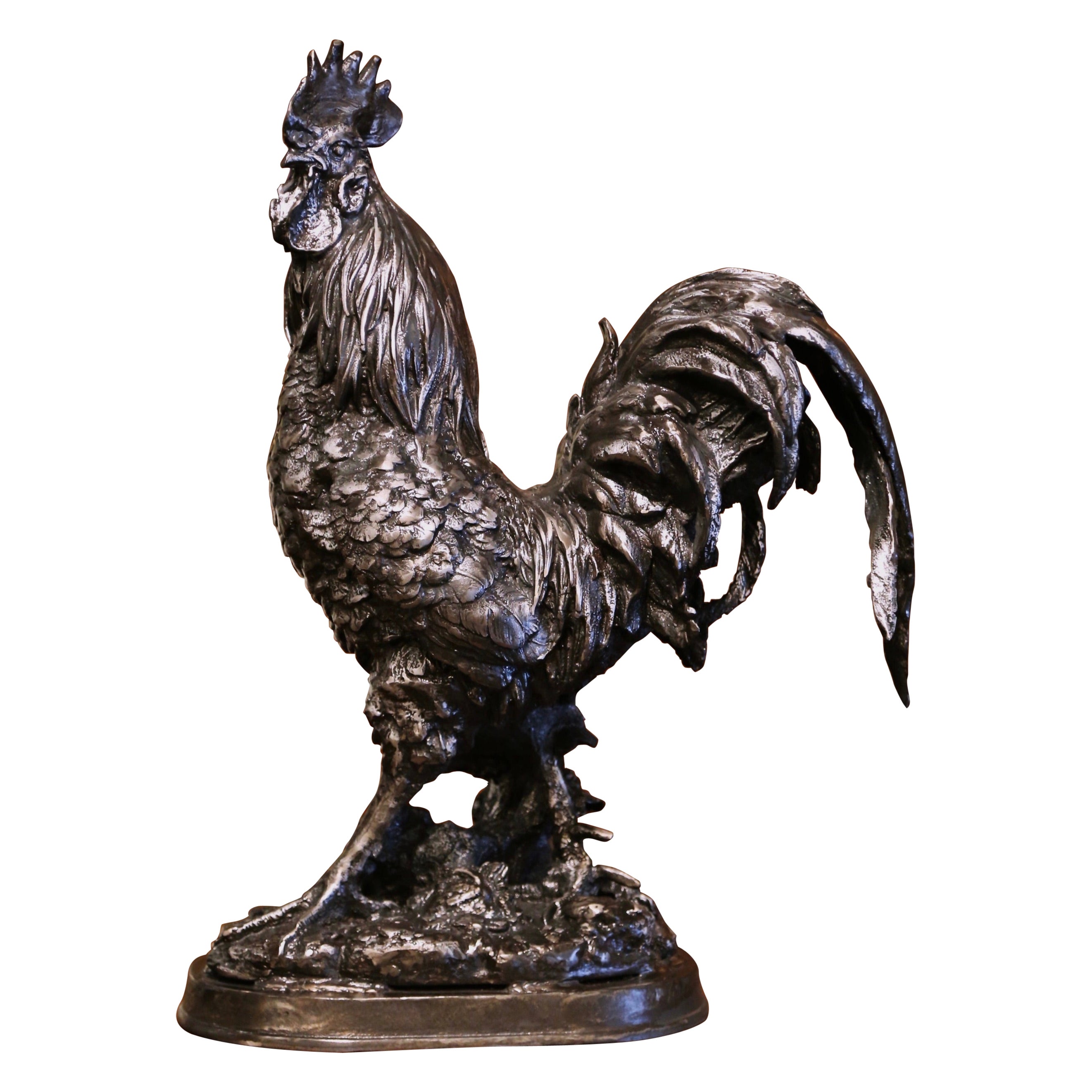 Early 20th Century French Polished Steel Iron Rooster Sculpture For Sale