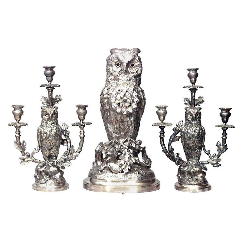 3-Piece English Victorian Owl Clock Garniture Set