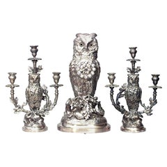 3-Piece English Victorian Owl Clock Garniture Set