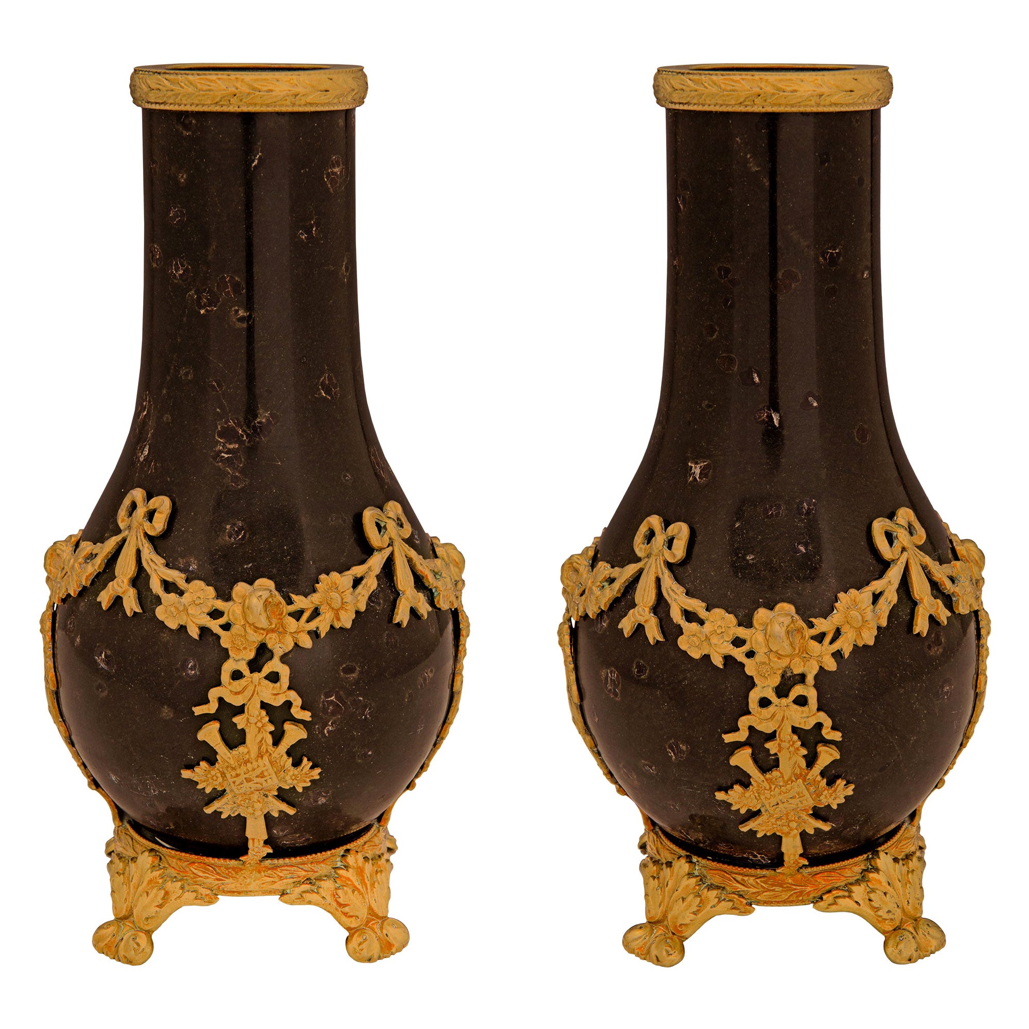 Pair of French 19th Century Louis XVI St. Stone and Ormolu Vases