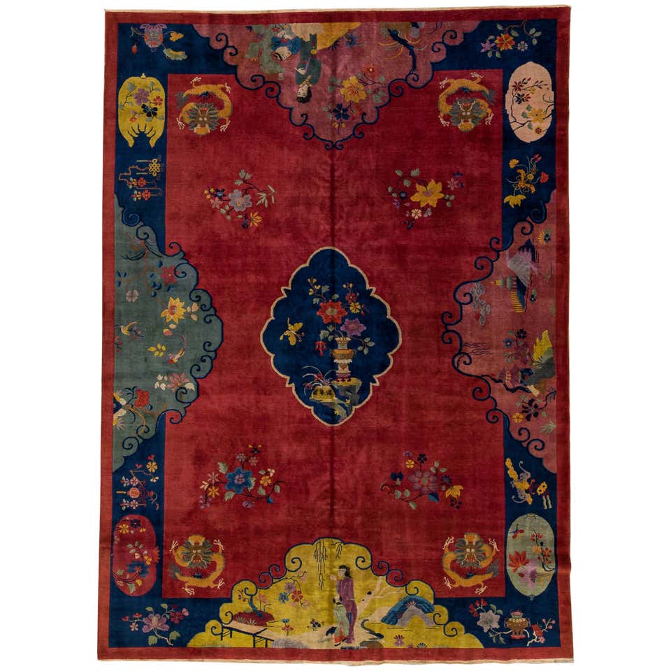 Antique Art Deco Handmade Multicolor Chinese Culture Designed Red Wool ...