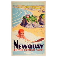 Original Vintage-Poster, „Newquay Cornwall Coast“, British Railways, Surfen am Strand, Original