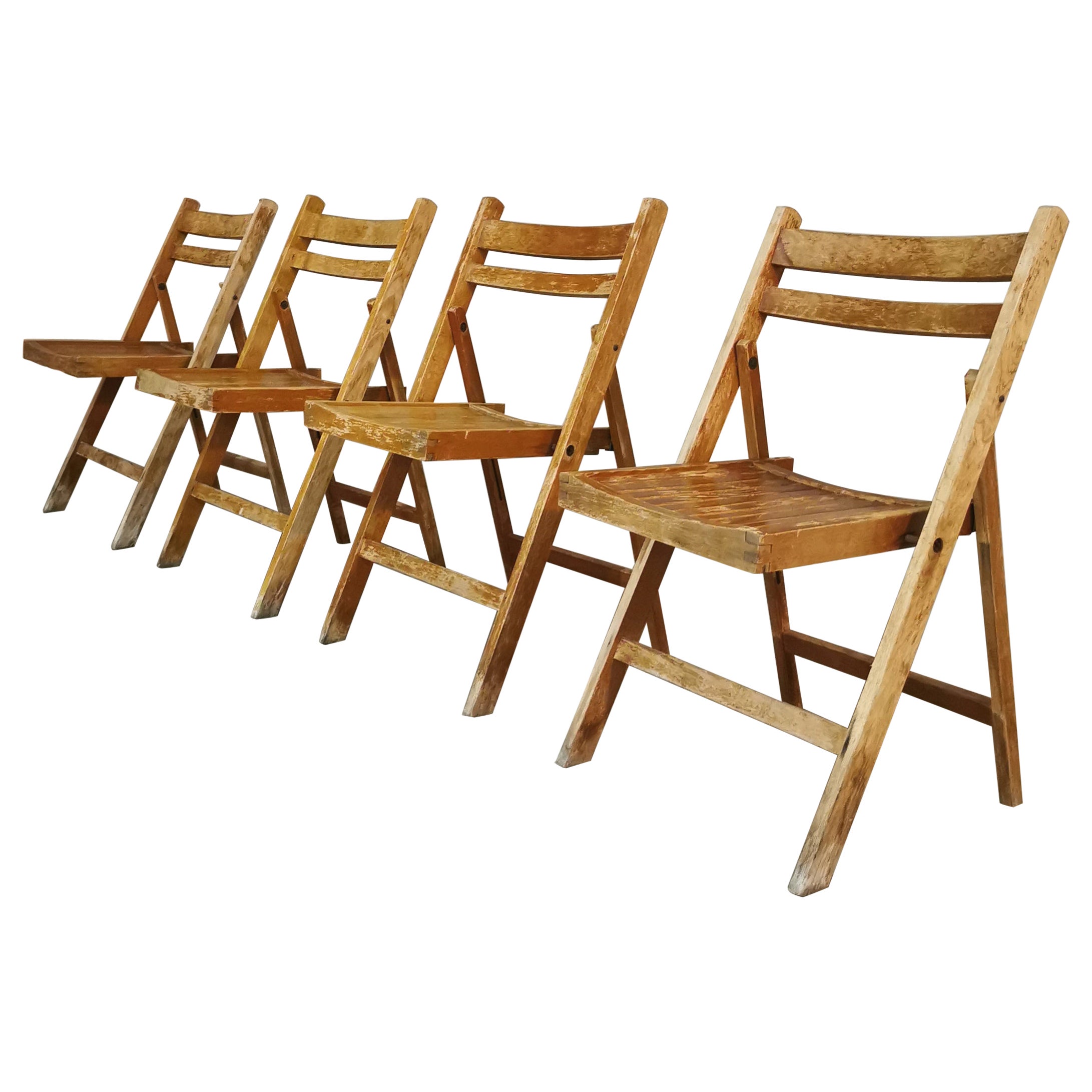 Mid Century Folding Dining Chairs Solid Wood Set of 4, 1960s