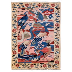 Modern Kilim Flatweave Multicolor peacock Birds Folk And Art Motif Wool Rug