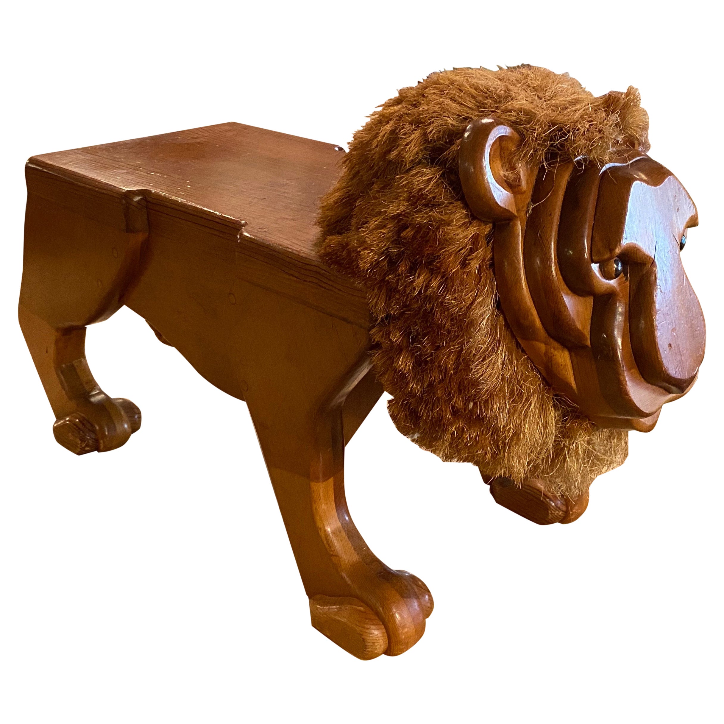 Vintage Wood Carved Lion Footstool 