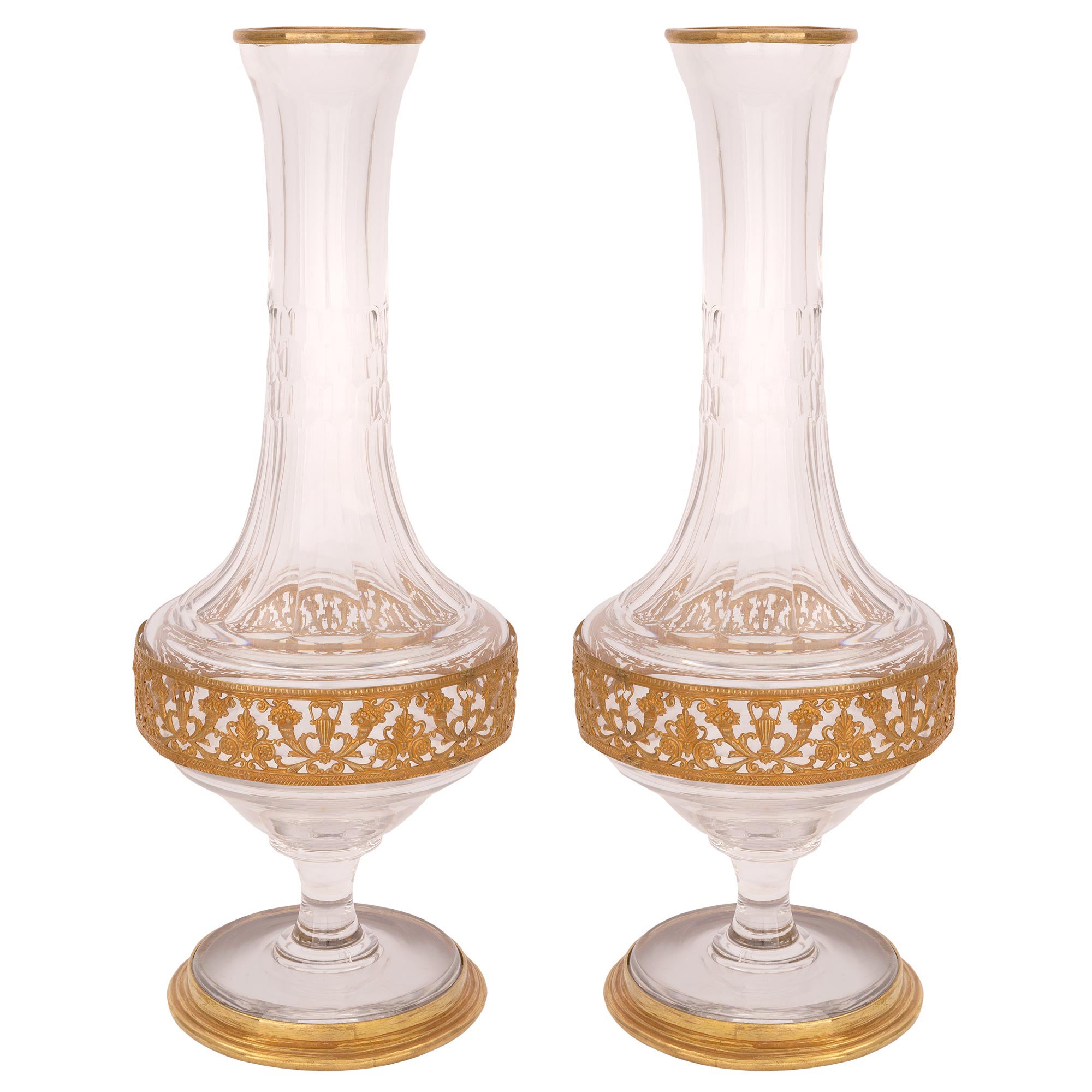 Pair of French 19th Century Louis XVI Style Baccarat Crystal and Ormolu Vases