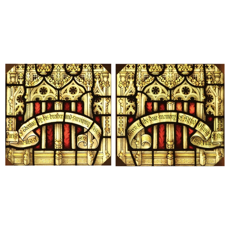 Pair of Antique Stained Glass Window Panels For Sale at 1stDibs