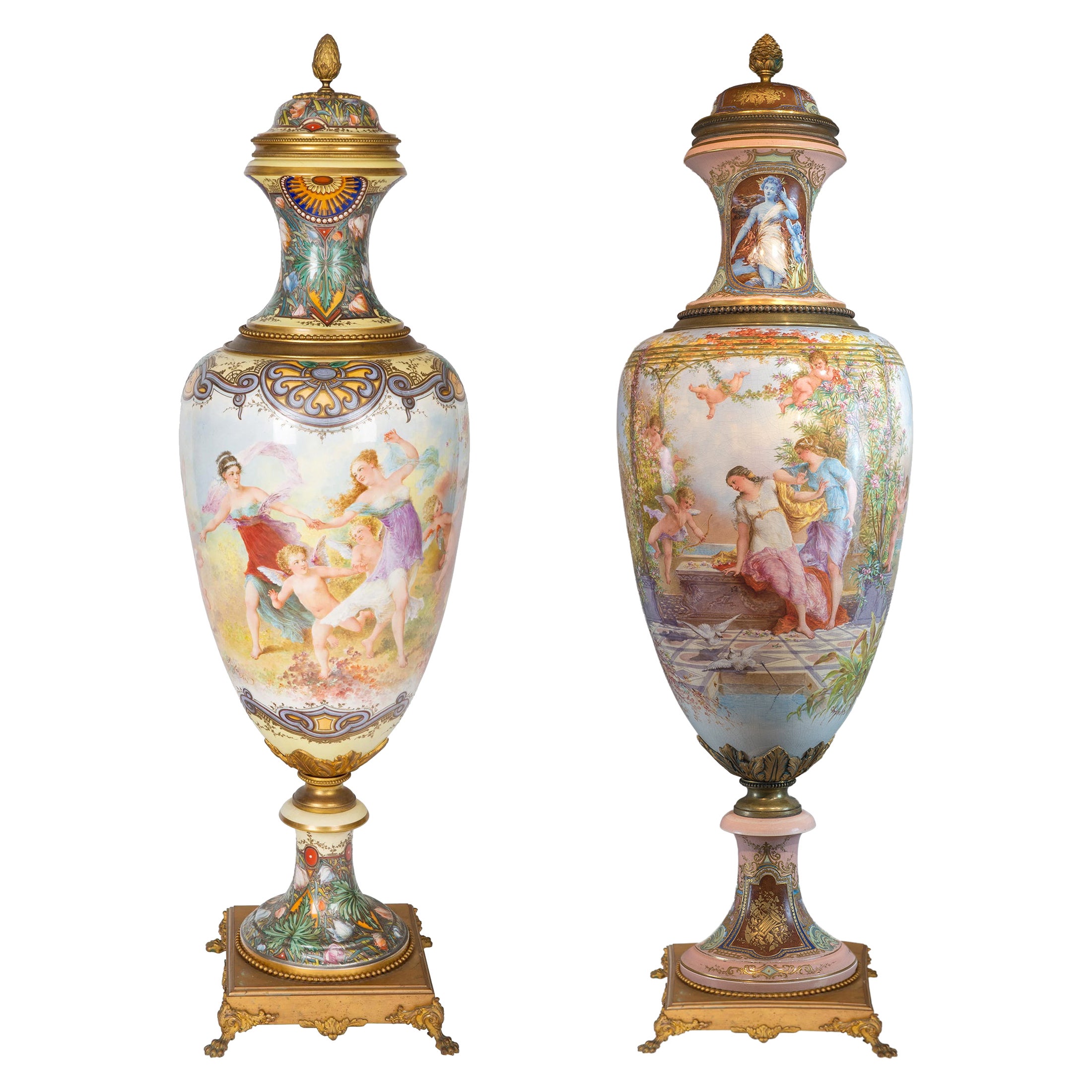  Pair of Monumental Sèvres and Gilt Bronze-Mounted Vase by Fuchs For Sale