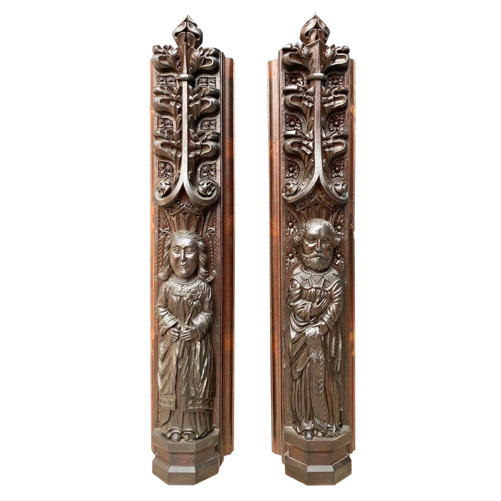 Pair of Antique Carved Oak Figures