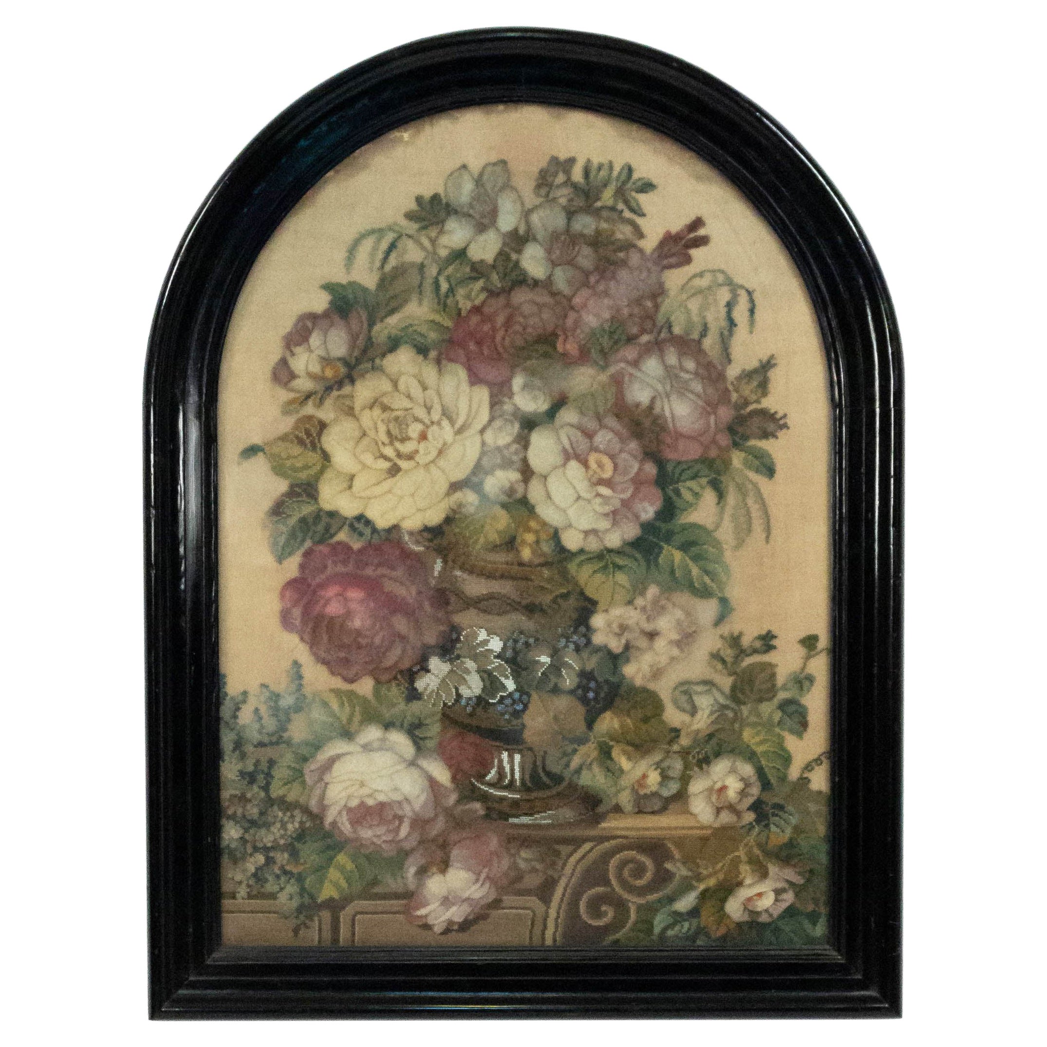 English Victorian Framed Floral Beaded and Wool Work Embroidery