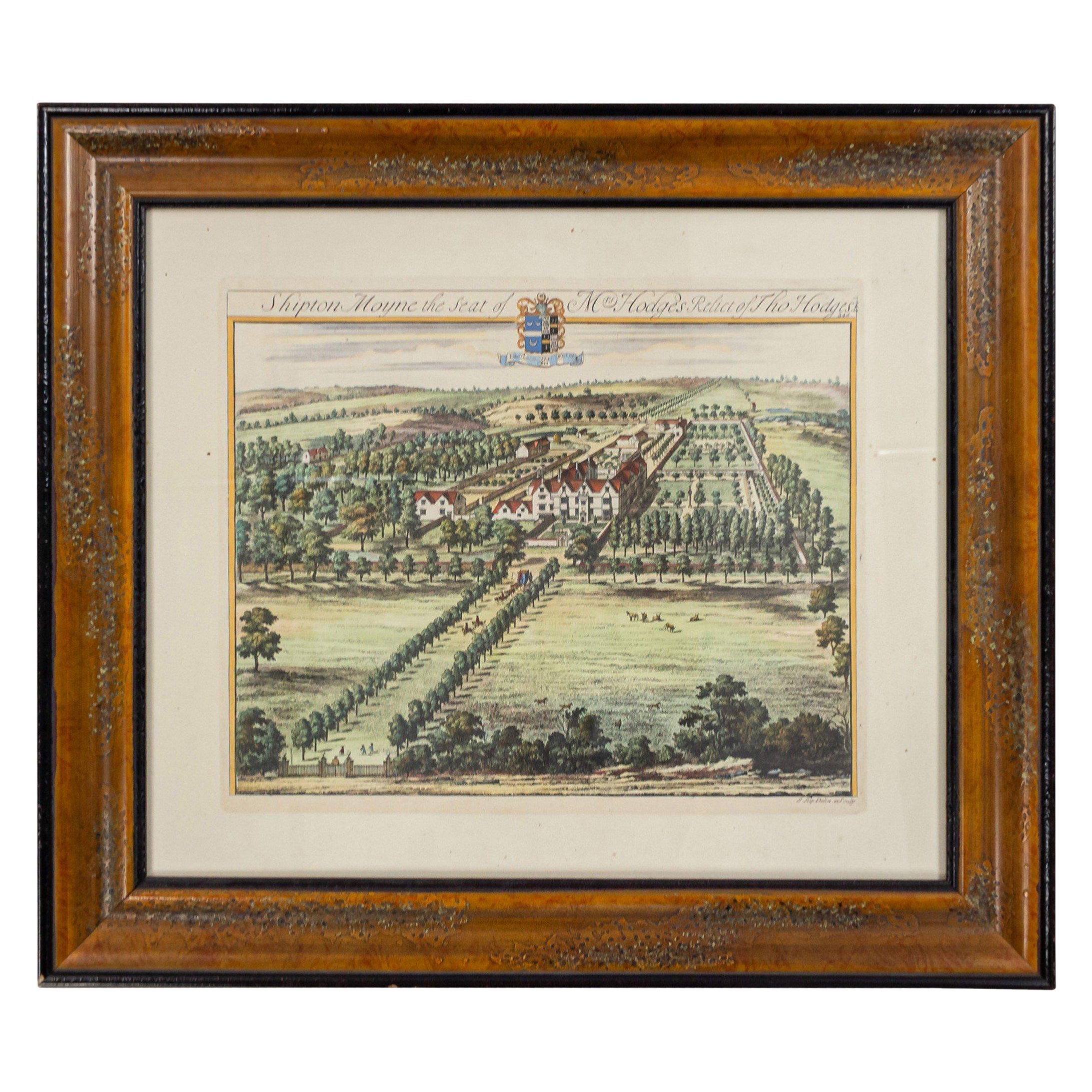 Color Print of an English Estate in a Wooden Frame For Sale