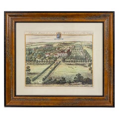 Antique Color Print of an English Estate in a Wooden Frame