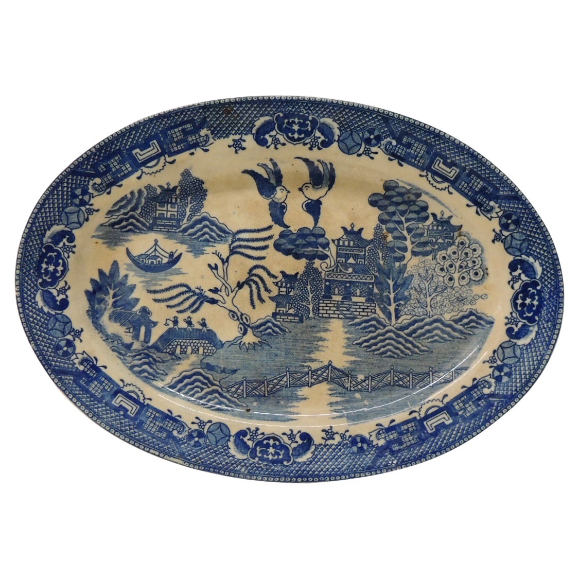 Vintage Oval Decorative Small Platter with Blue and White Willow Pattern