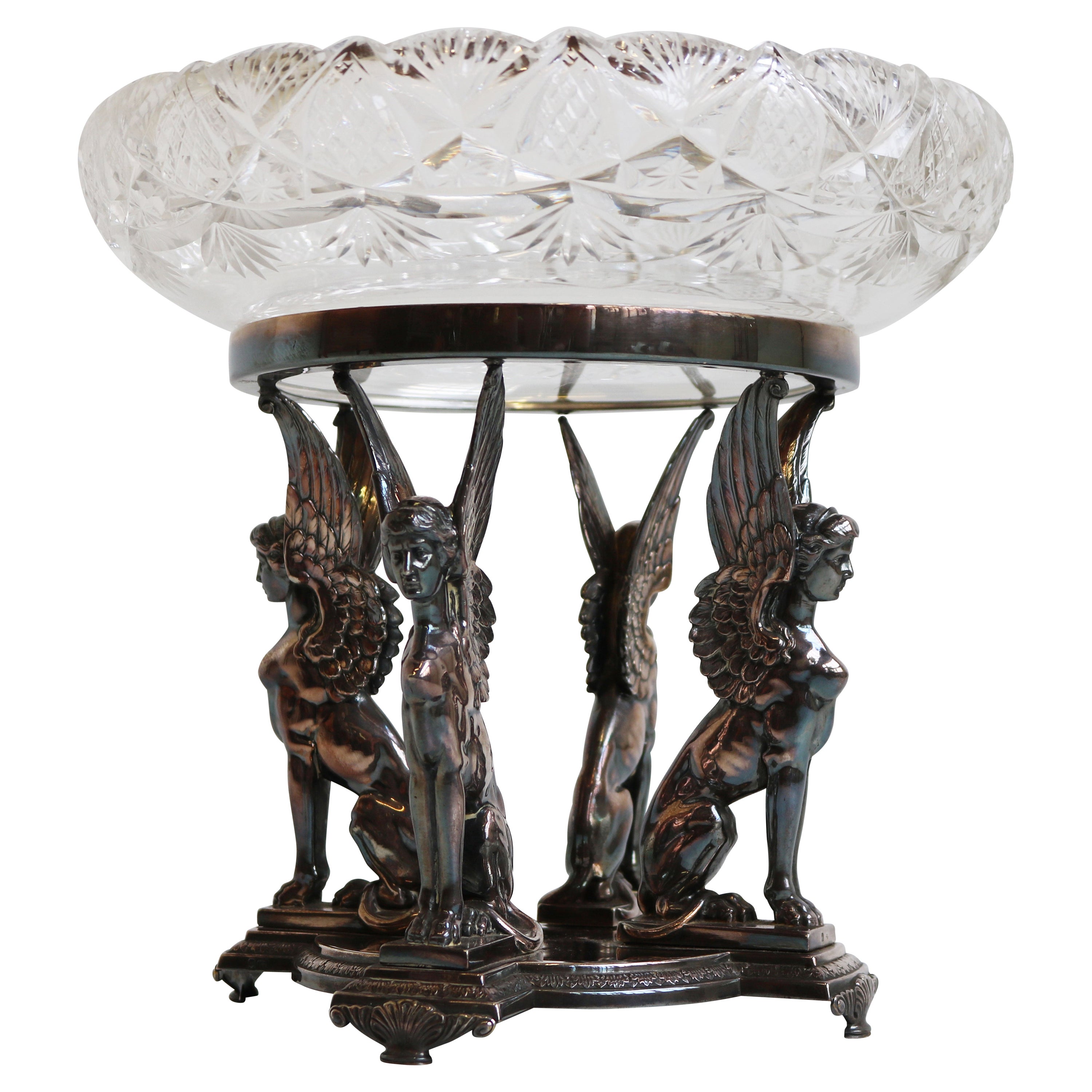 Centro de mesa antiguo WMF Art Nouveau Cristal plateado Renacimiento egipcio