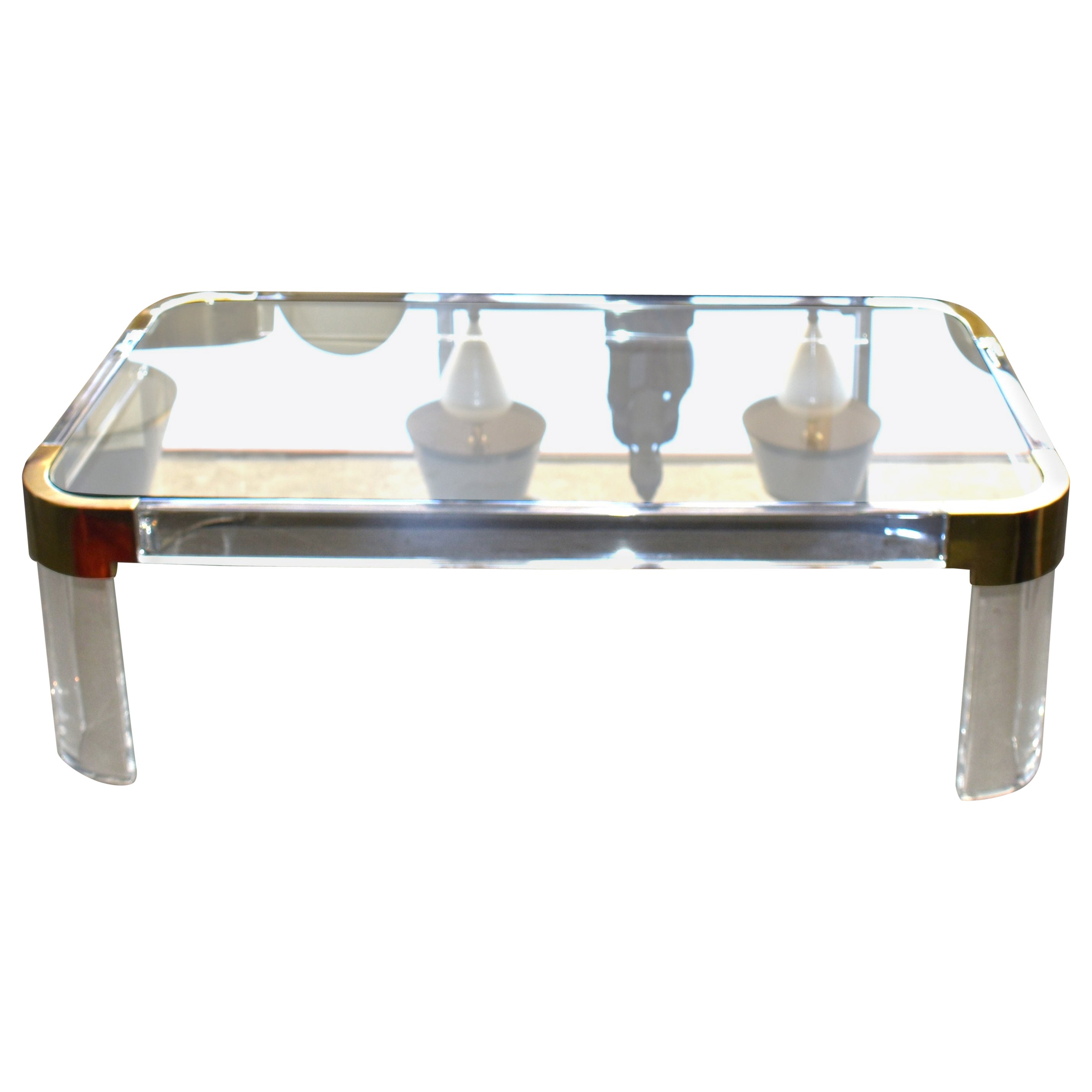 1970s Brass & Lucite Coffee Table Signed by Charles Hollis Jones
