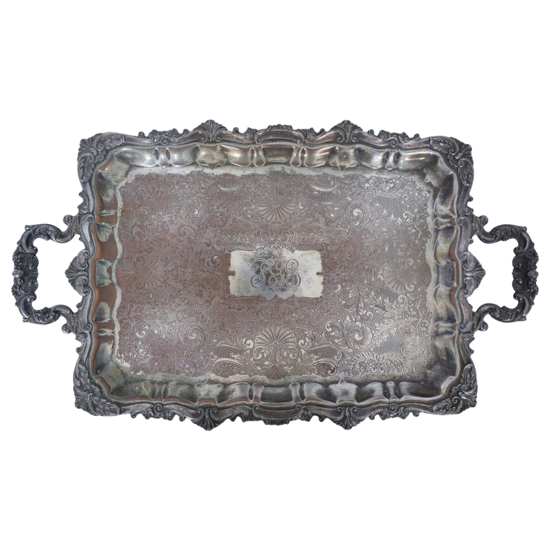 English Victorian Silver Plate Monogrammed and Engraved Serving Tray For Sale