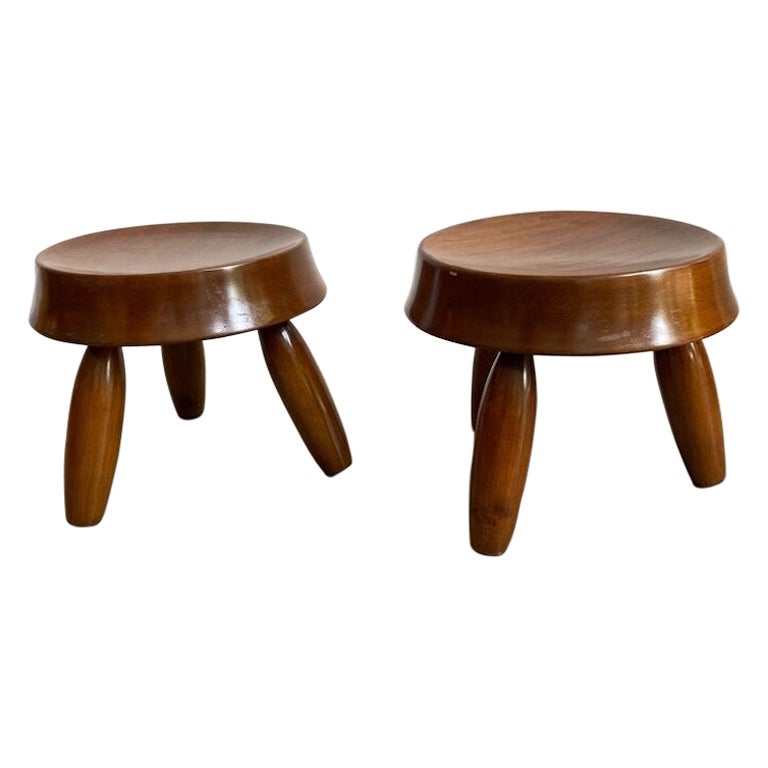 Solid Walnut & Hand Carved Stools in the Manner of Jean Royere