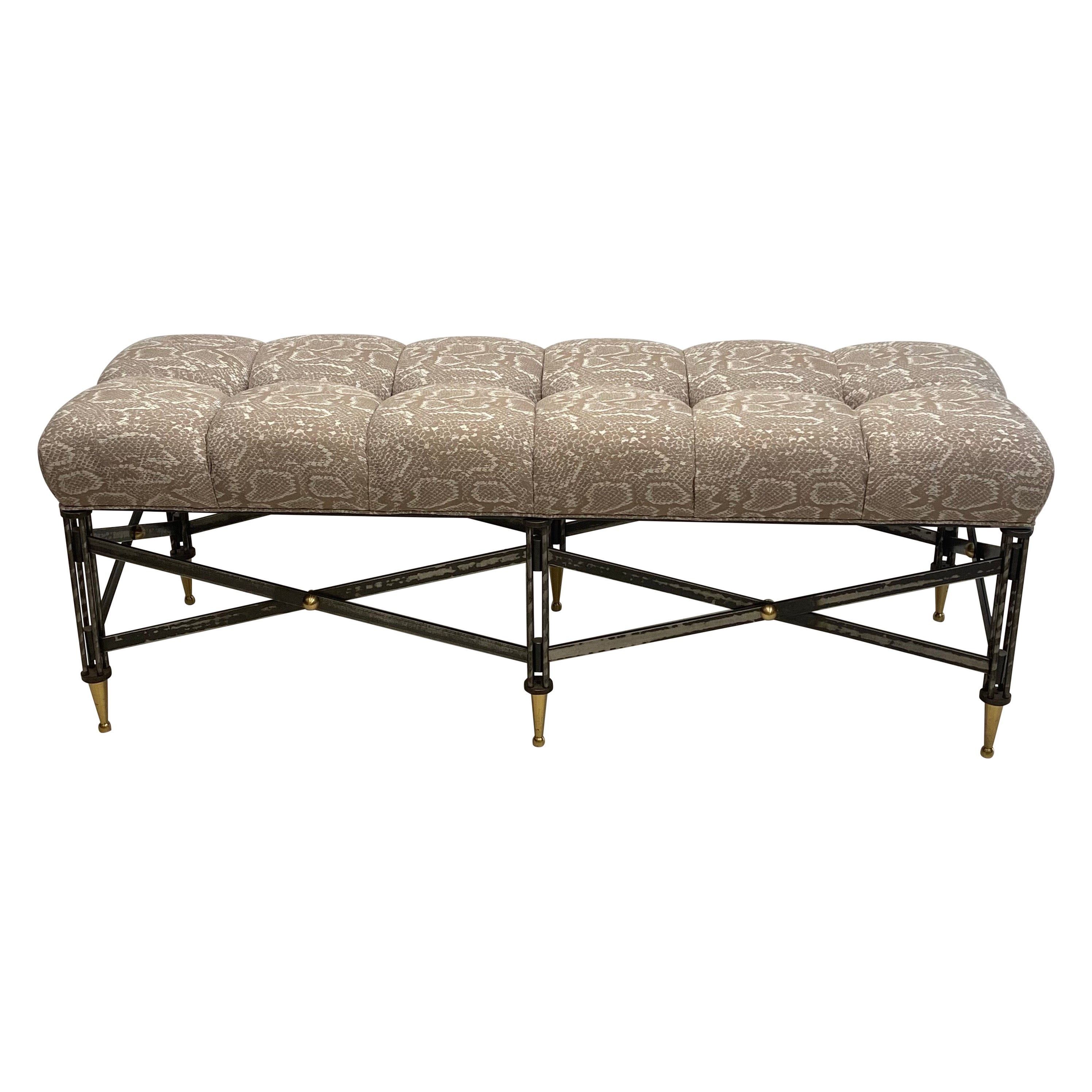Neoclassical Iron and Brass Upholstered Bench