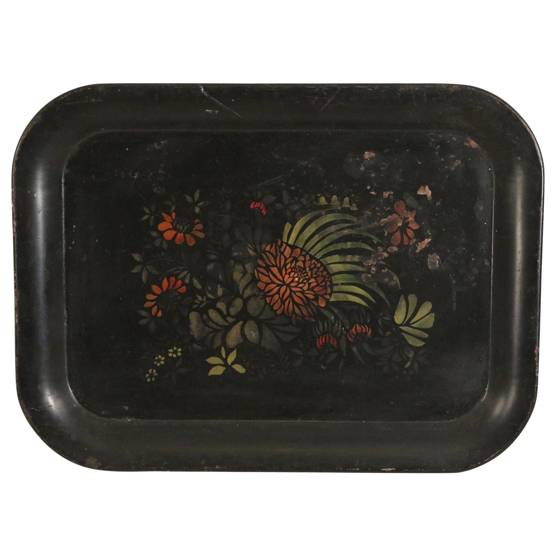 English Victorian Floral Black Tole Serving Tray For Sale