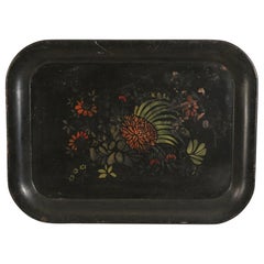 Vintage English Victorian Floral Black Tole Serving Tray