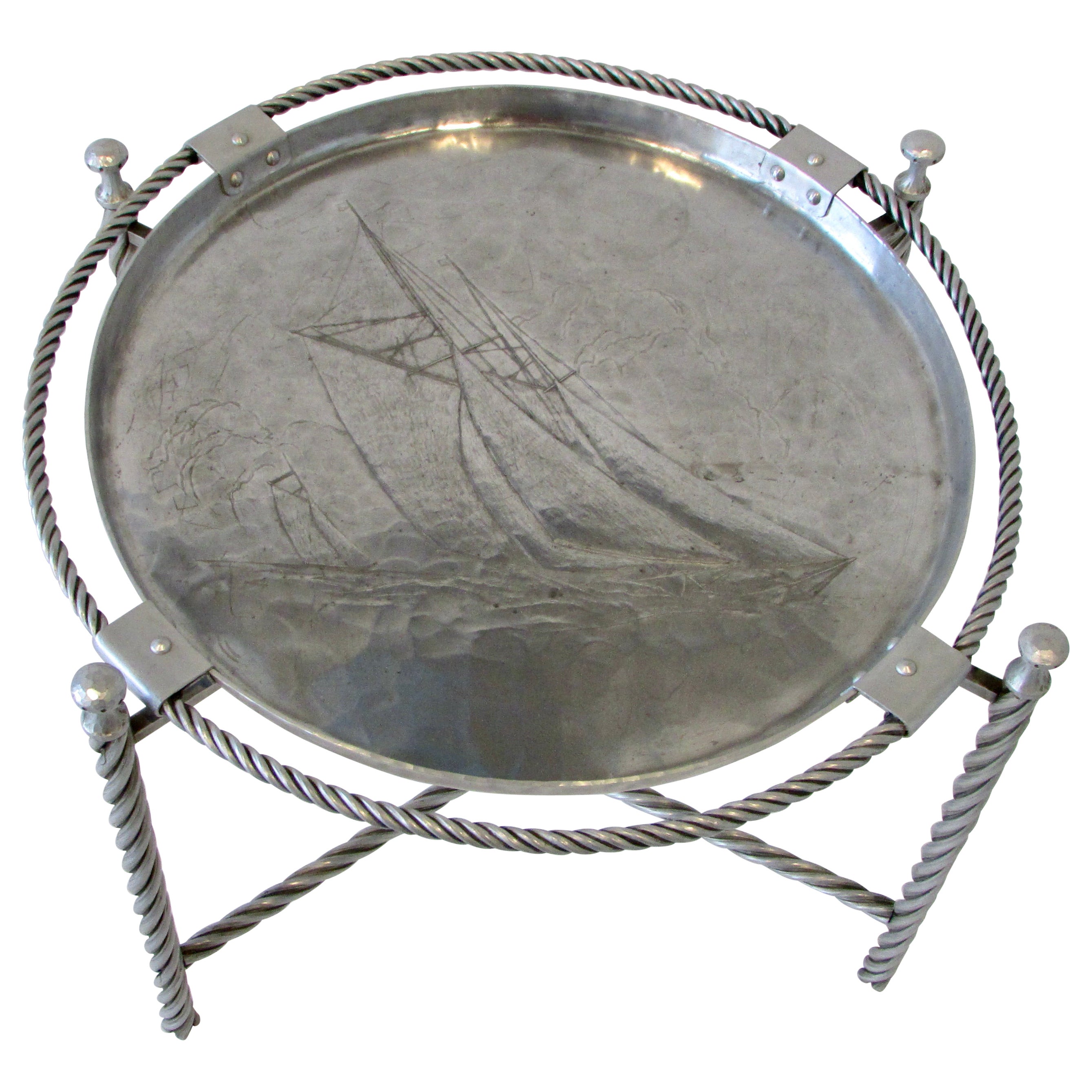 Wendell August Sailboat Theme Wrought Aluminum Serving Tray Table and Stand For Sale