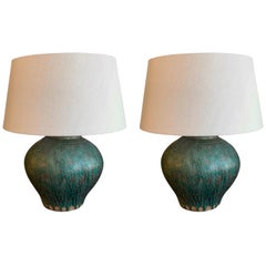 Textured Turquoise Pair Ginger Jar Shaped Lamps, China, Contemporary