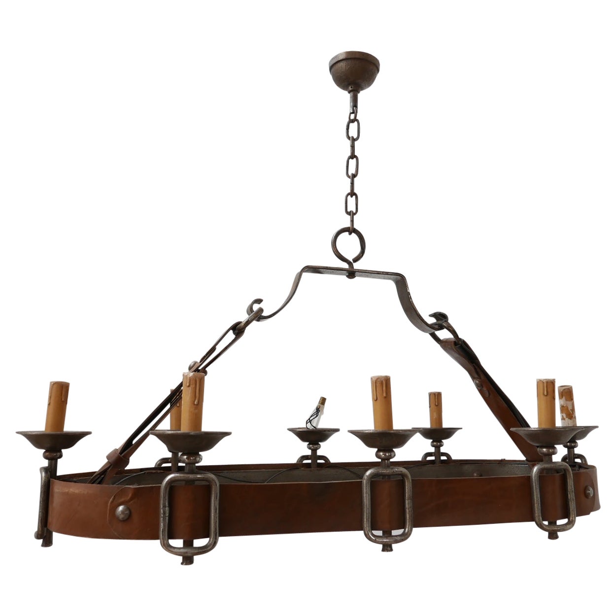 Leather French Mid-Century Adnet Style Chandelier For Sale