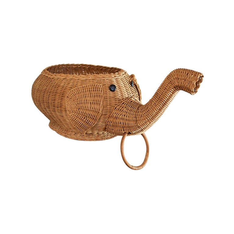 Vintage Brown Wicker Lucky Elephant Basket or Hamper