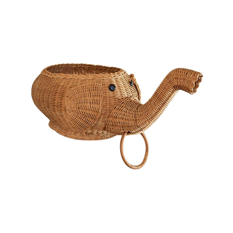 Vintage Brown Wicker Lucky Elephant Basket or Hamper at 1stDibs