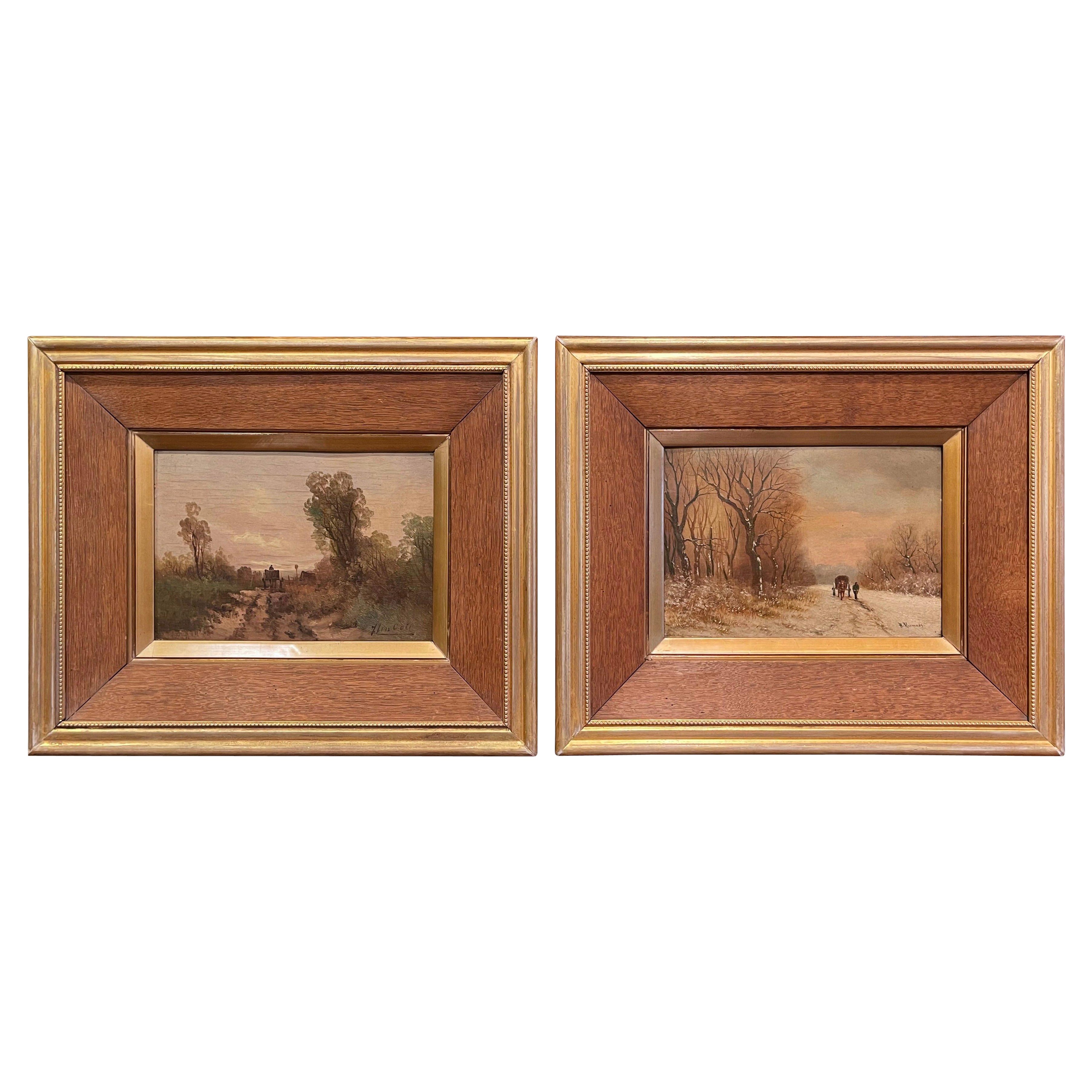 Pair of Early 20th Century Signed Pastoral Paintings on Board in Gilt Frames For Sale