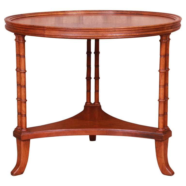 Baker Furniture Hollywood Regency Walnut Faux Bamboo Tea Table For Sale