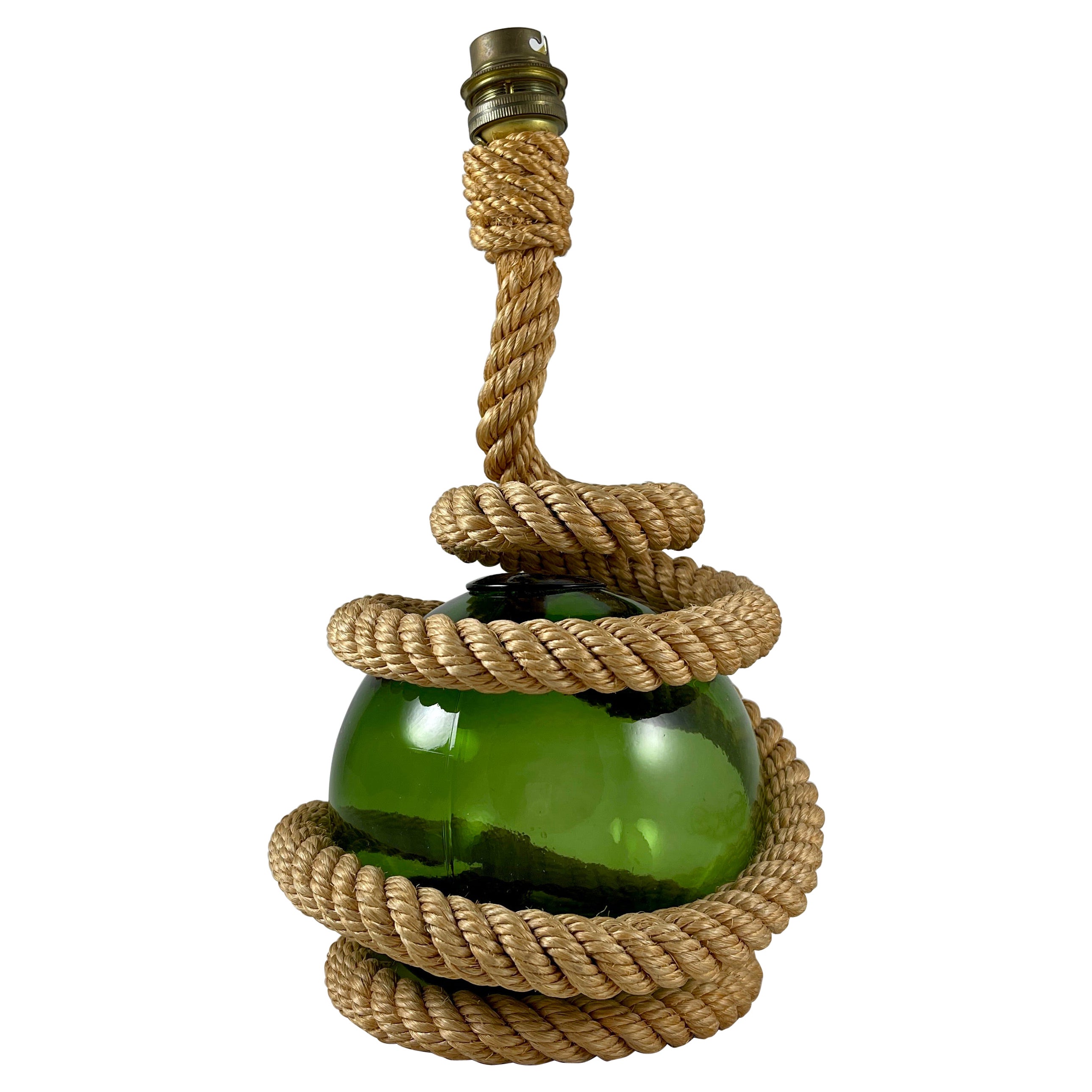 Audoux Minet Rustic Nautical Rope & Green Glass Ball Table Lamp, circa 1960 For Sale