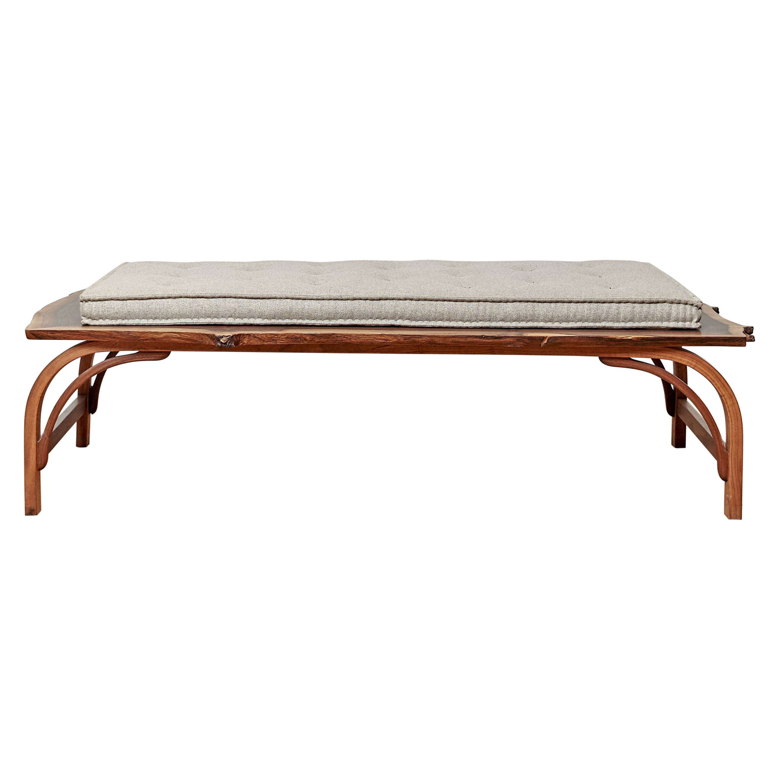 Claro Walnut Live Edge Bentleg Bench with French Mattress Style Cushion For Sale