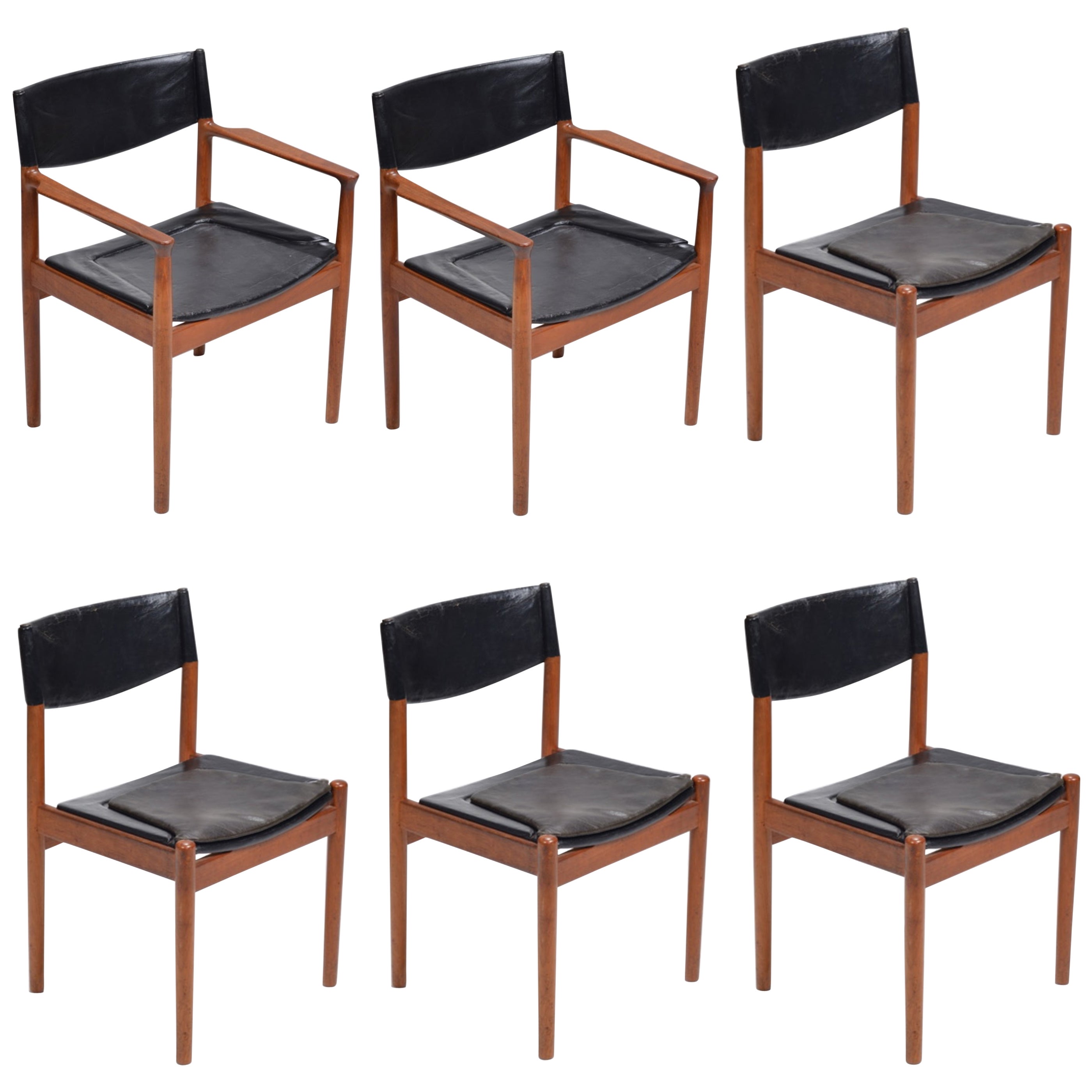Rare ensemble de 6 chaises de salle à manger par Erik Wrts en teck et cuir