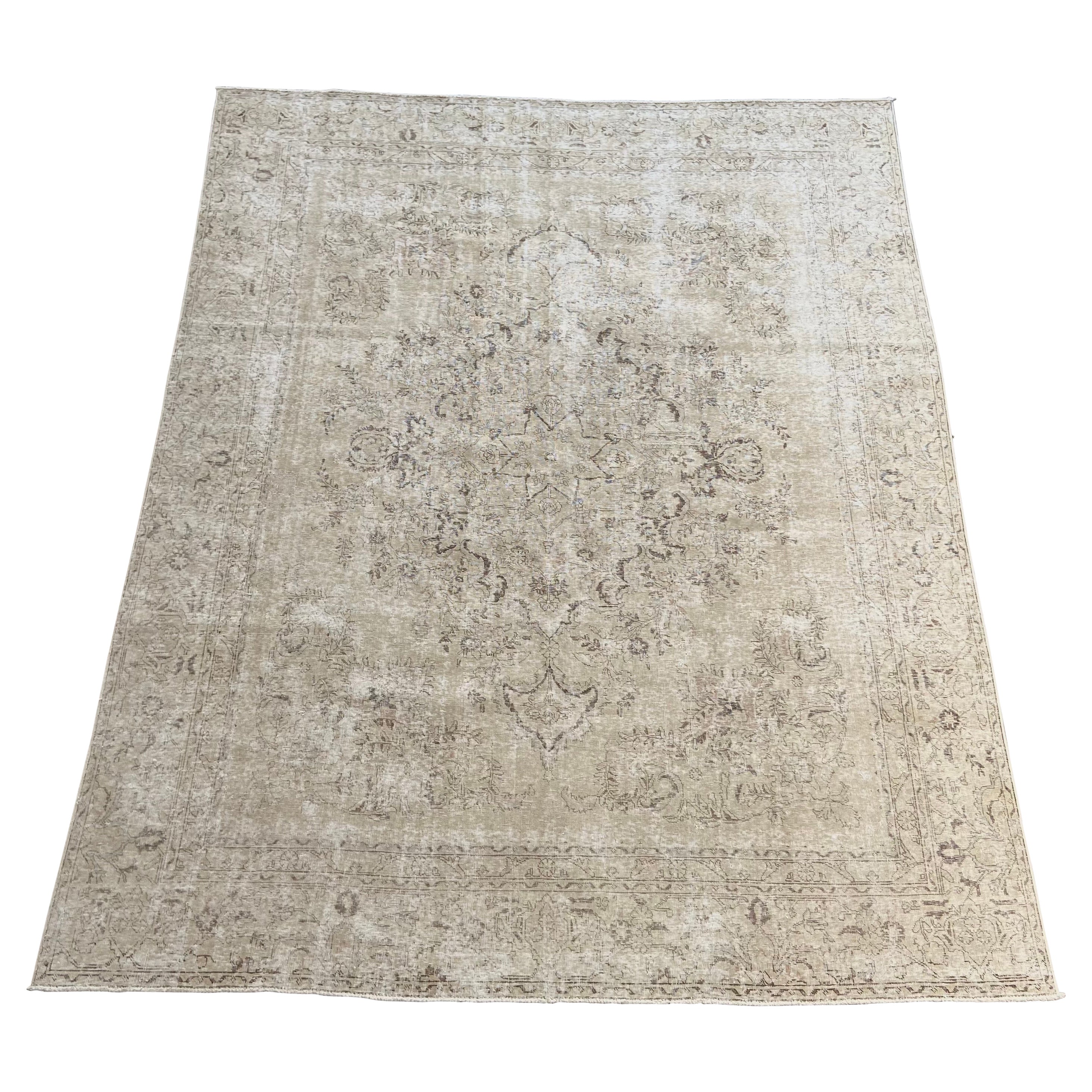 Vintage Natural Neutral Room Size Turkish Rug For Sale