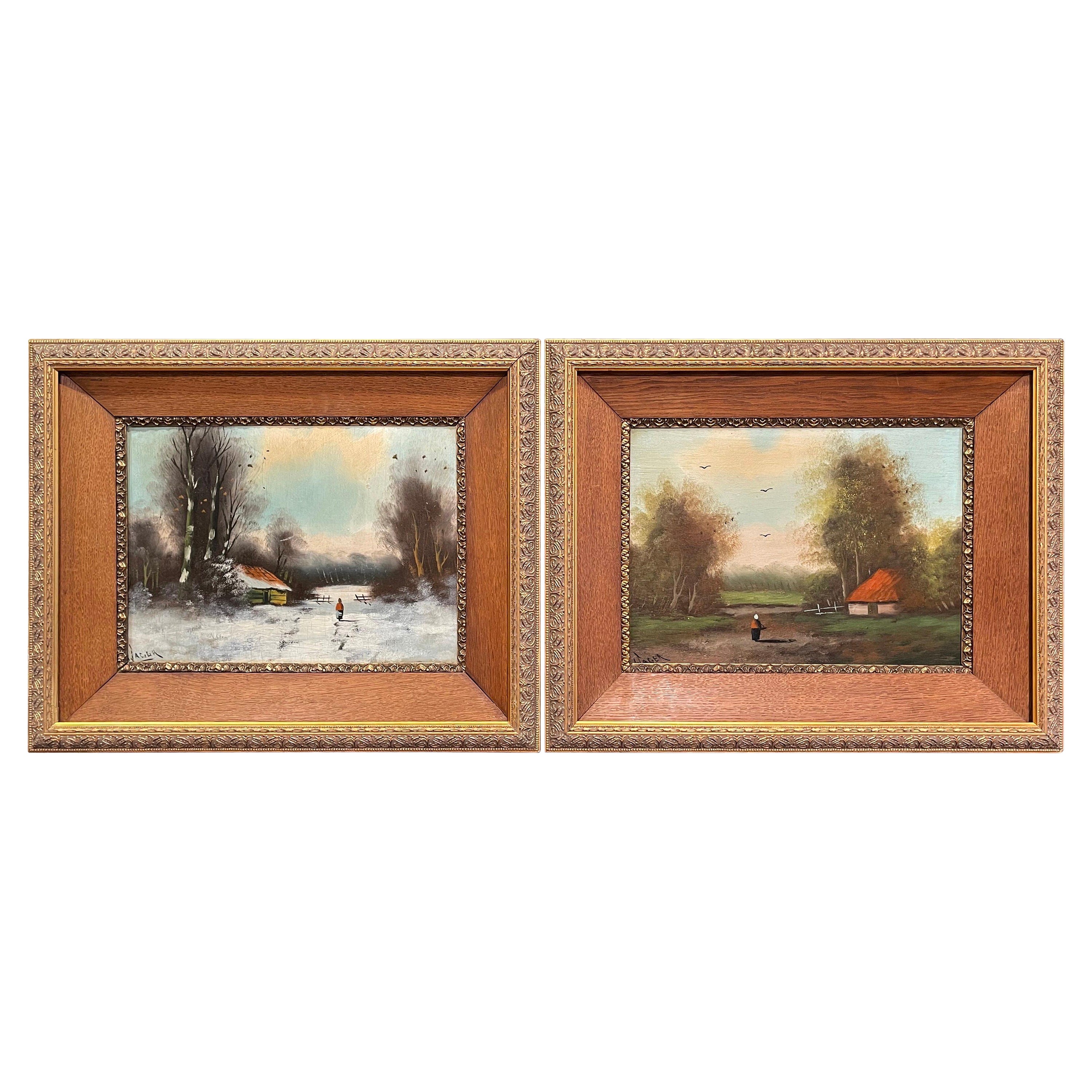 Pair of 19th Century Signed Pastoral Paintings on Board in Oak and Gilt Frames