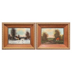 Antique Pair of 19th Century Signed Pastoral Paintings on Board in Oak and Gilt Frames