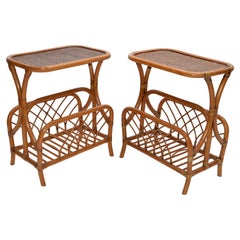 Marked Bamboo & Wicker Mid-Century Modern Side, Bedside Tables Night Stands Pair