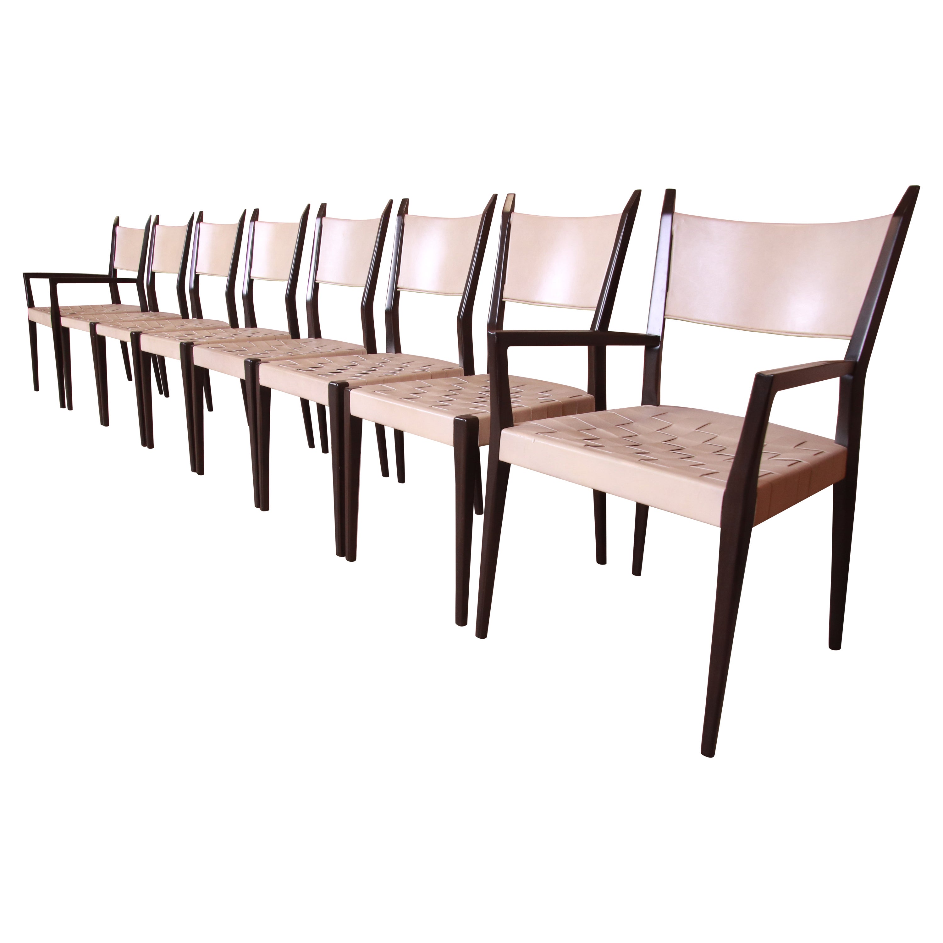 Paul McCobb Irwin Collection Ebonized Mahogany and Woven Leather Dining Chairs