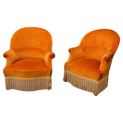 Paar französische Napoleon III-Sessel aus orangefarbenem Samt
