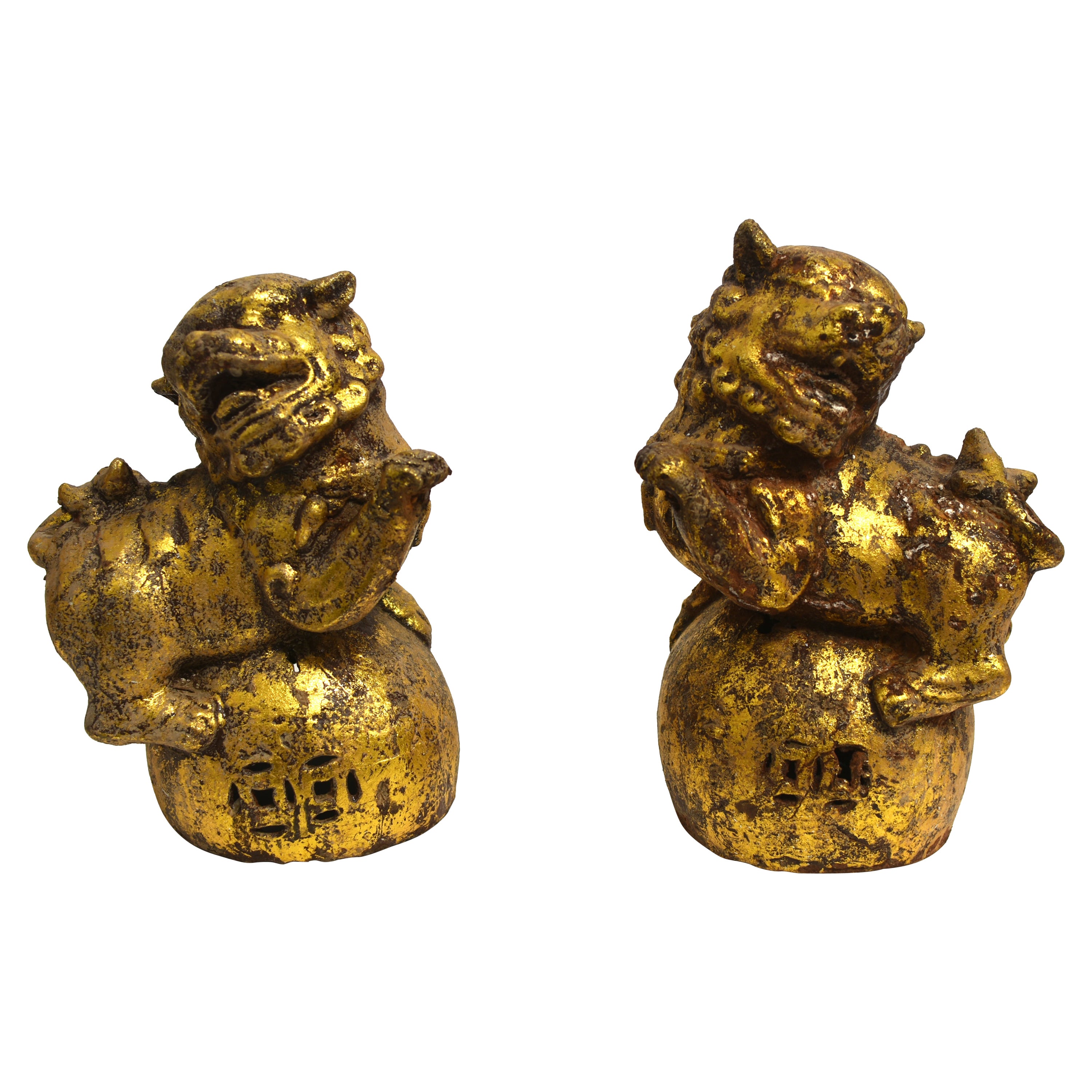 Pair of Large Antique Gilded Iron Foo Dogs 40 lb For Sale