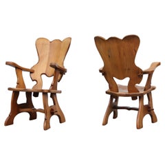 Story Book Pair of French Brutalist Carved Oak Throne-Like Chairs
