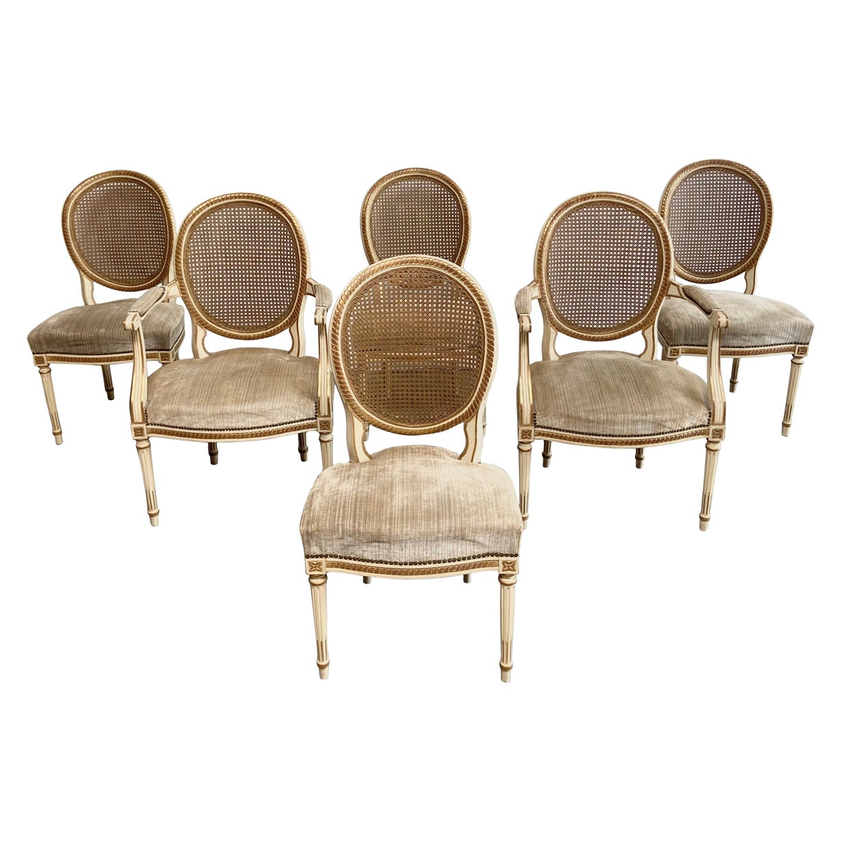 Set of 6 Antique French Style Cane Back Dining Chairs