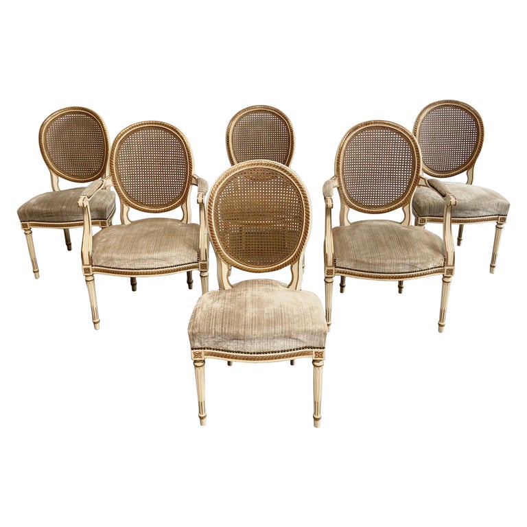 Set of 6 Antique French Style Cane Back Dining Chairs For Sale at 1stDibs