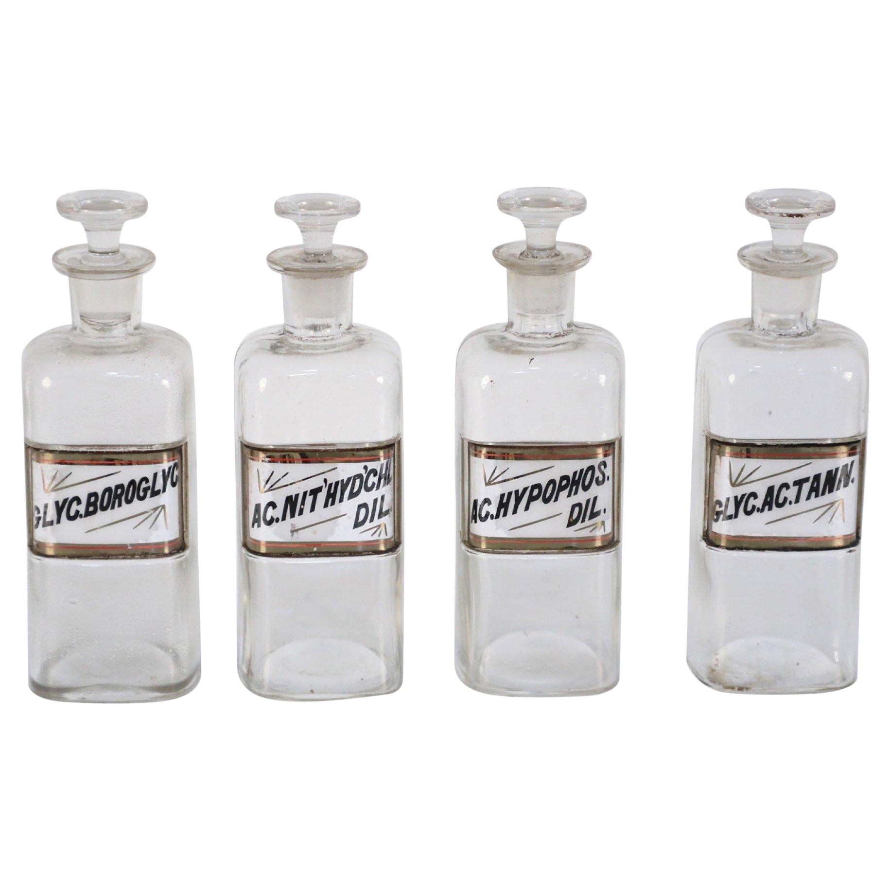 Set von 4 Apothekerflaschen aus beschriftetem Glas aus dem frühen 20. Jahrhundert
