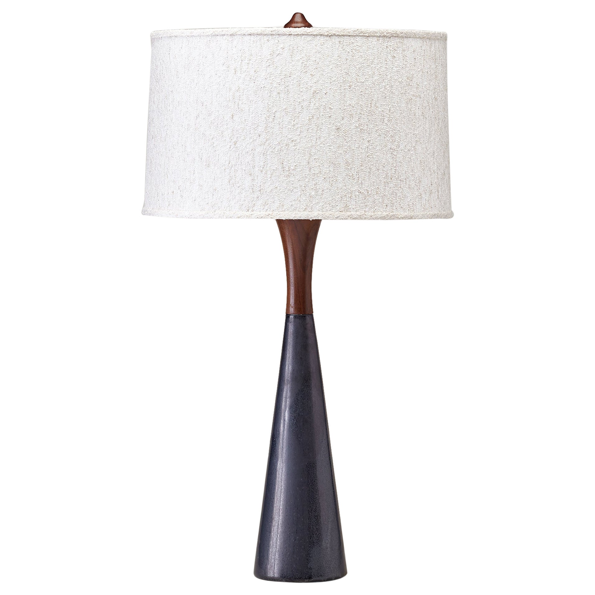 Handcrafted Mid-Century Modern Inspired Tall Porcelain and Walnut Table Lamp
