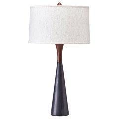Handcrafted Mid-Century Modern Inspired Tall Porcelain and Walnut Table Lamp