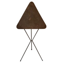 Vintage 1960s Stylish Folding Tripod Side Table Twisted Iron & Faux Leather Triangle Top