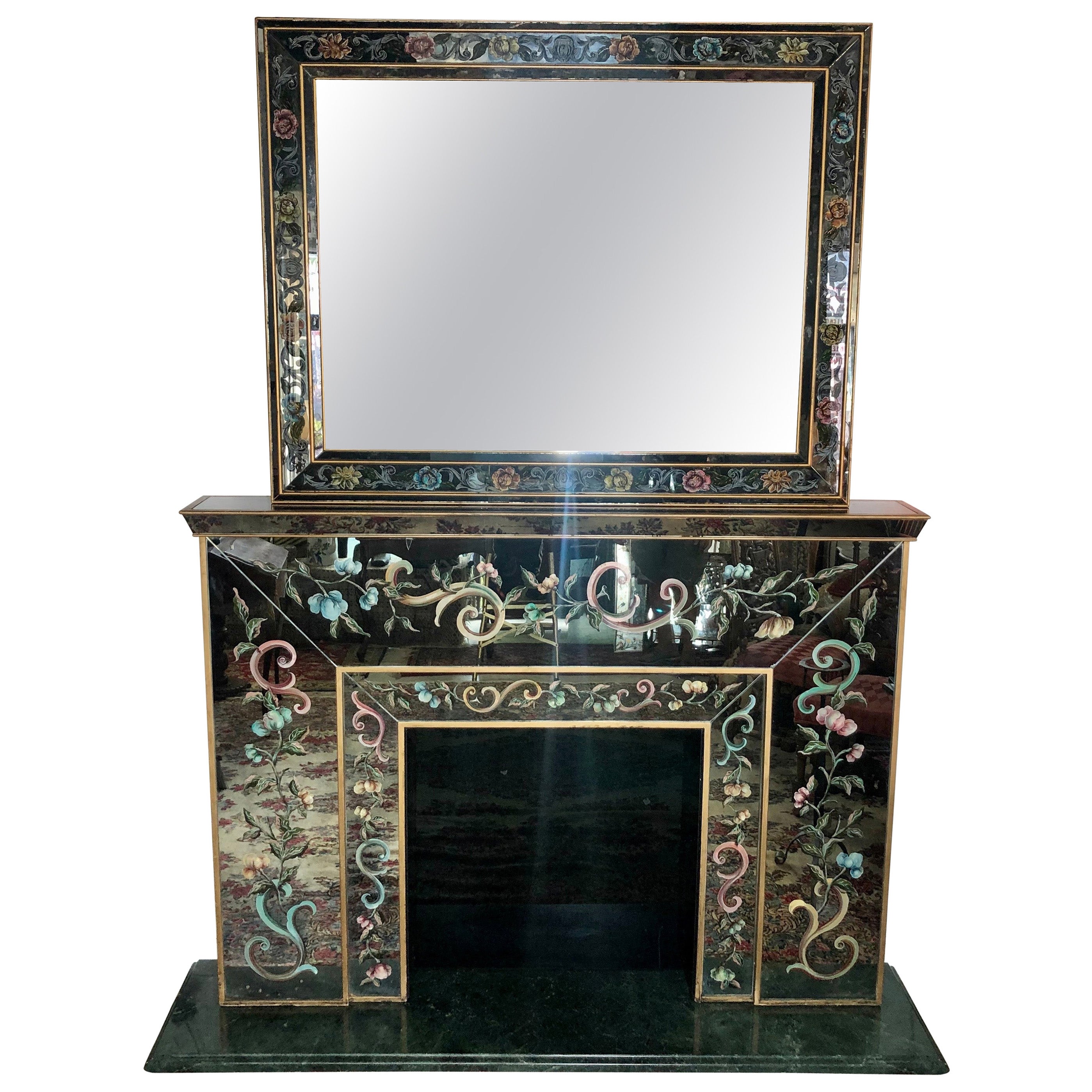 Italian Mirrored Fireplace Mantel with Floral Églomisé Decoration with Mirror